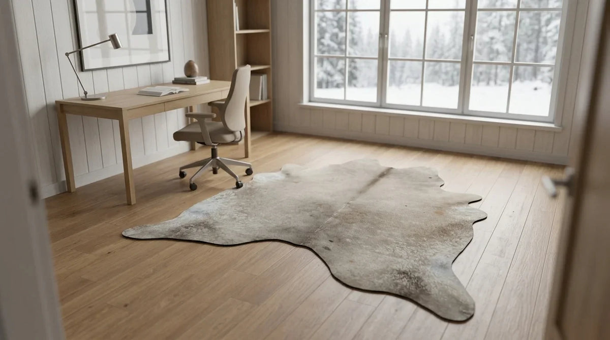 Grey cowhide rug under desk in scandinavian cabin home office