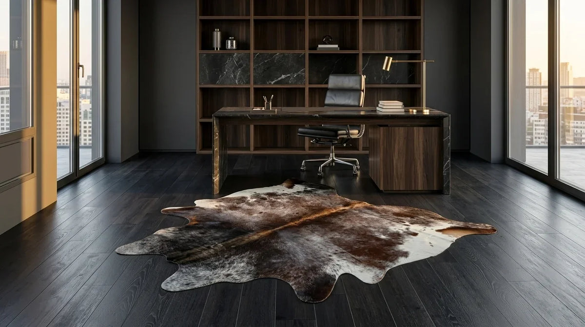 Kuhfell in Grau im Arbeitszimmer im Mailänder Penthouse-Stil