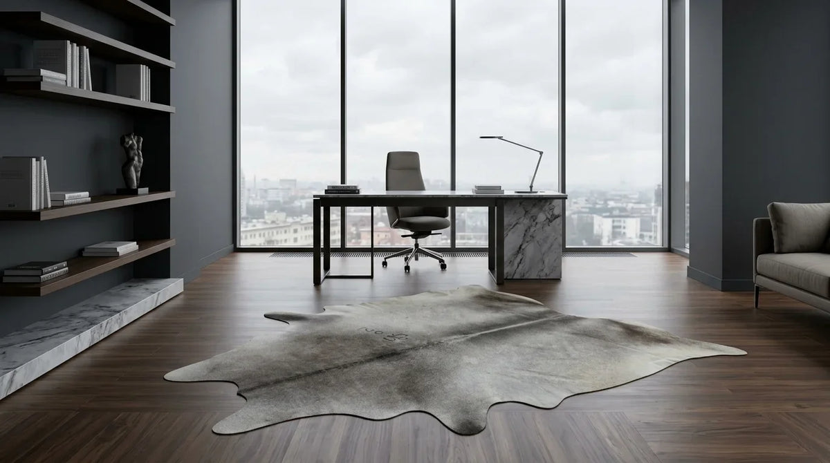 Grey cowhide rug under desk in milano penthouse home office