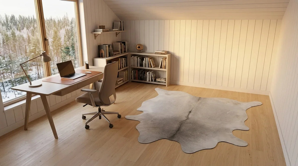 Grey cowhide rug under desk in scandinavian cabin home office