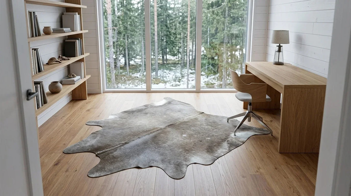 Grey cowhide rug under desk in scandinavian cabin home office