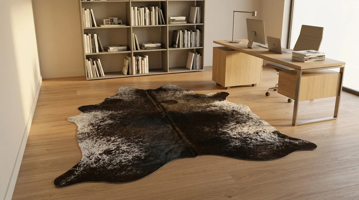 Grey cowhide rug under desk in contemporary european home office