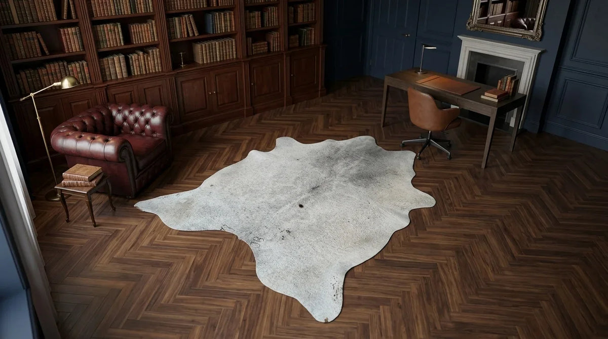 Grey cowhide rug under desk in london townhouse home office