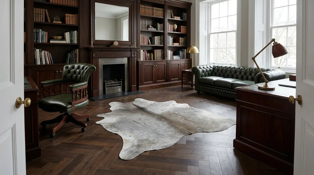 Grey cowhide rug under desk in london townhouse home office