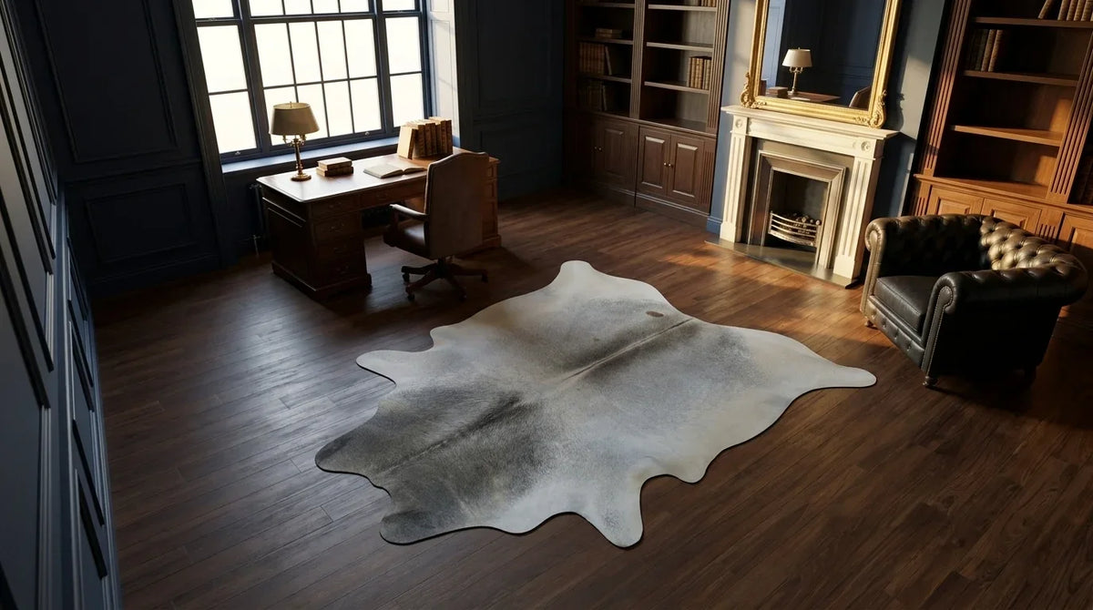 Grey cowhide rug under desk in london townhouse home office