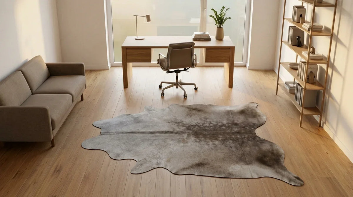 Kuhfell in Grau im Arbeitszimmer im zeitgenössischen europäischen Stil