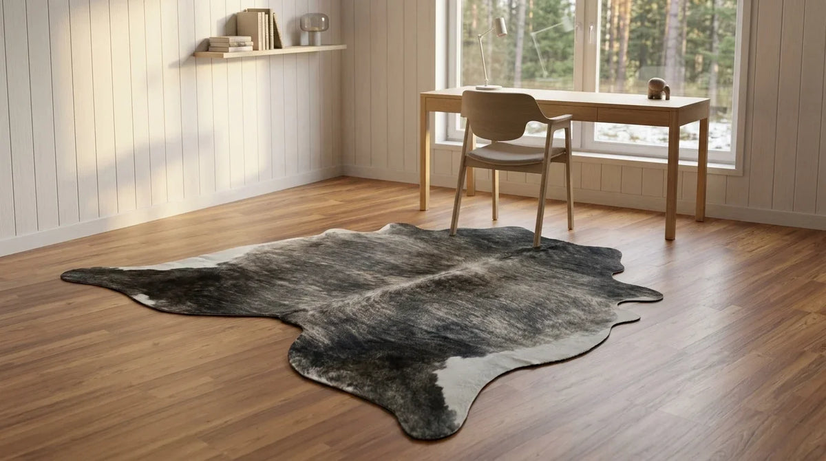 Grey cowhide rug under desk in scandinavian cabin home office