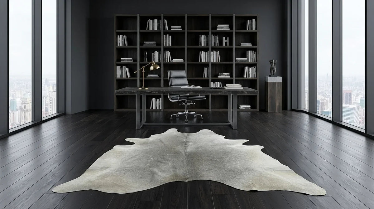 Grey cowhide rug under desk in milano penthouse home office