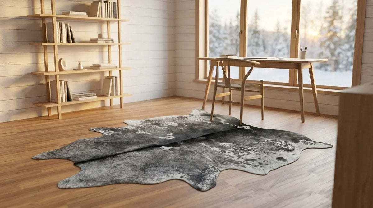 Grey cowhide rug under desk in scandinavian cabin home office
