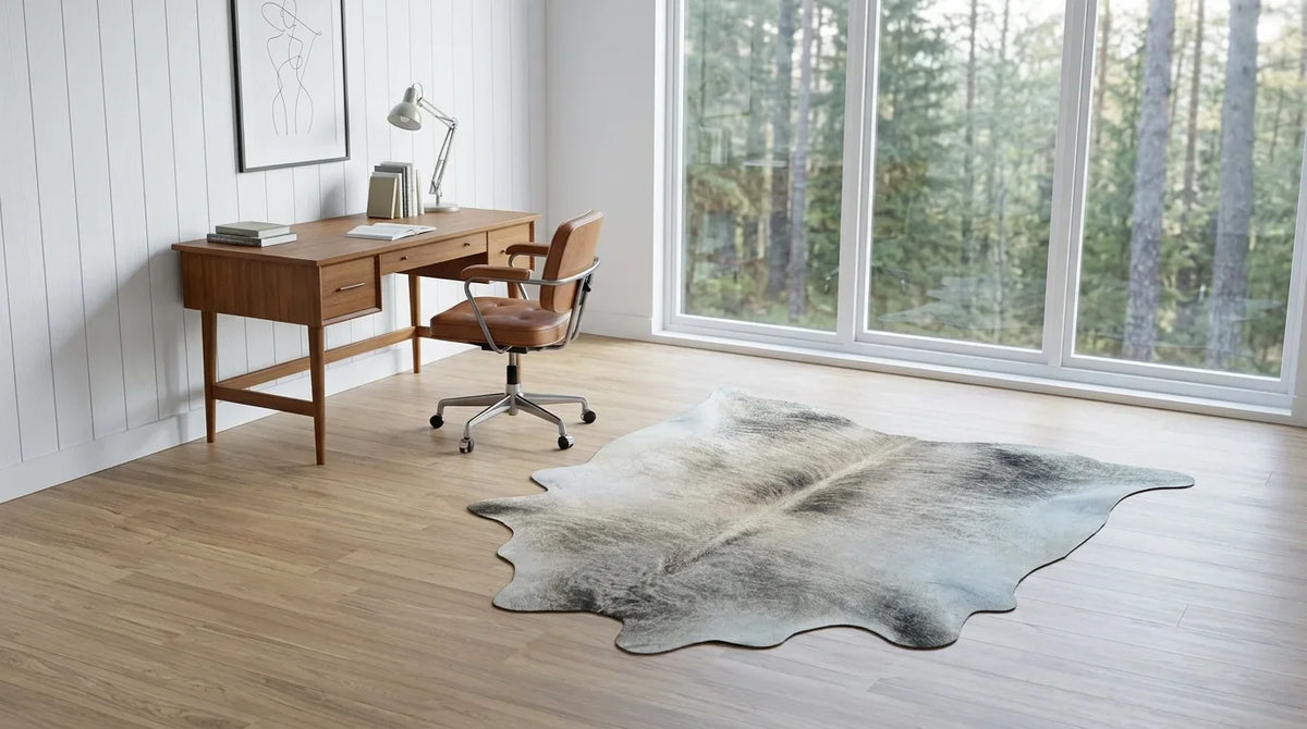 Grey cowhide rug under desk in scandinavian cabin home office