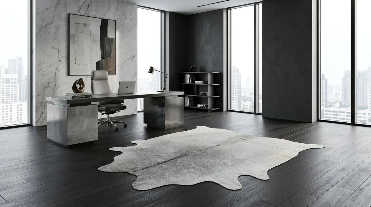 Grey cowhide rug under desk in milano penthouse home office