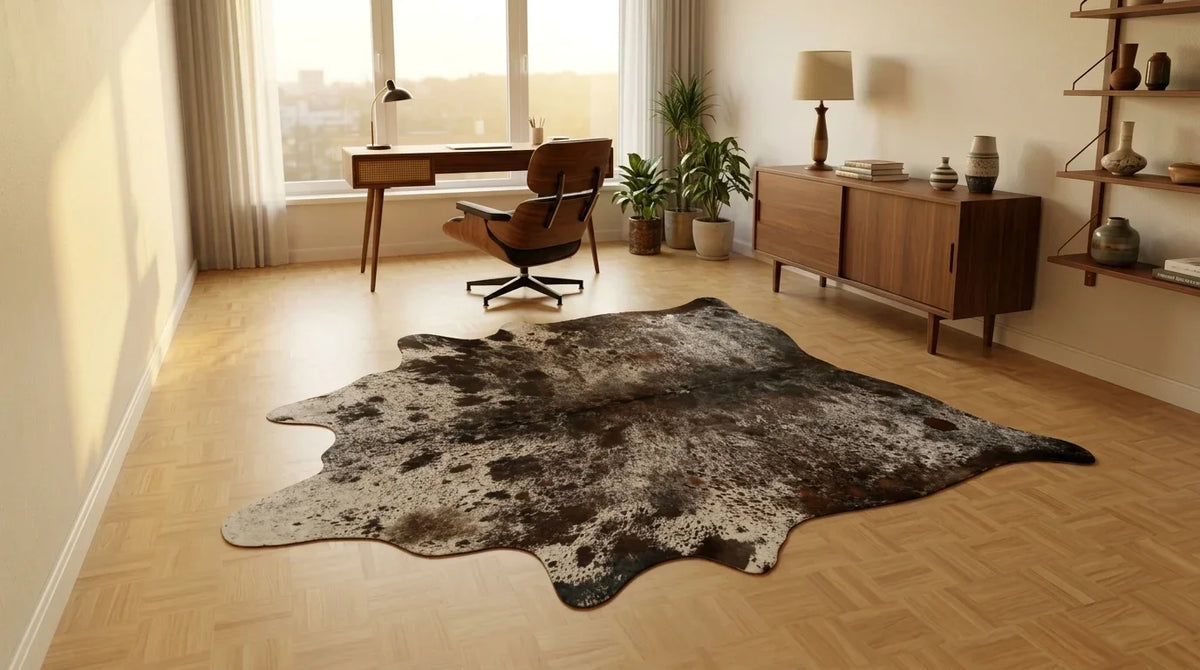 Kuhfell in Grau im Arbeitszimmer im Mid-Century-Stil