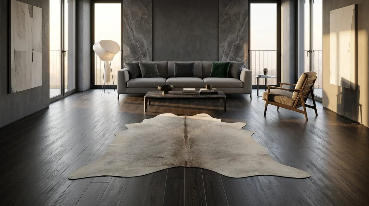 Grey cowhide rug on hardwood floor in milano penthouse living room