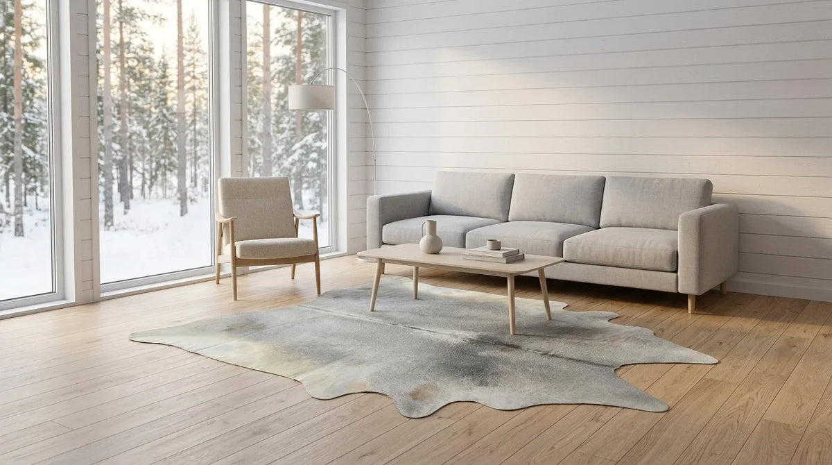 Grey cowhide rug on hardwood floor in scandinavian cabin living room
