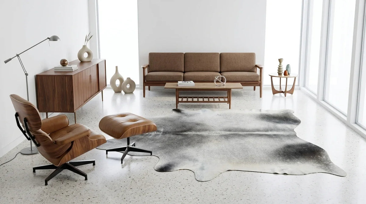Kuhfell in Grau mit Salt-and-Pepper-Muster im Wohnzimmer im Mid-Century-Stil