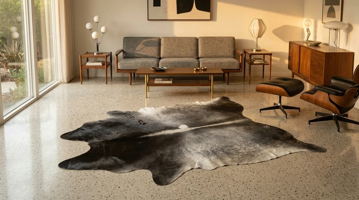 Grey cowhide rug on hardwood floor in midcentury modern living room