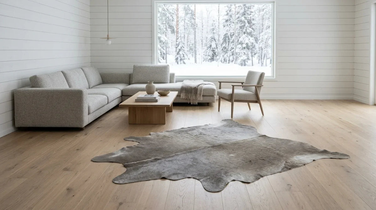 Grey cowhide rug on hardwood floor in scandinavian cabin living room