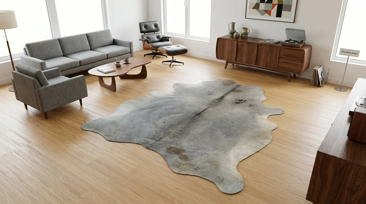 Grey cowhide rug on hardwood floor in midcentury modern living room