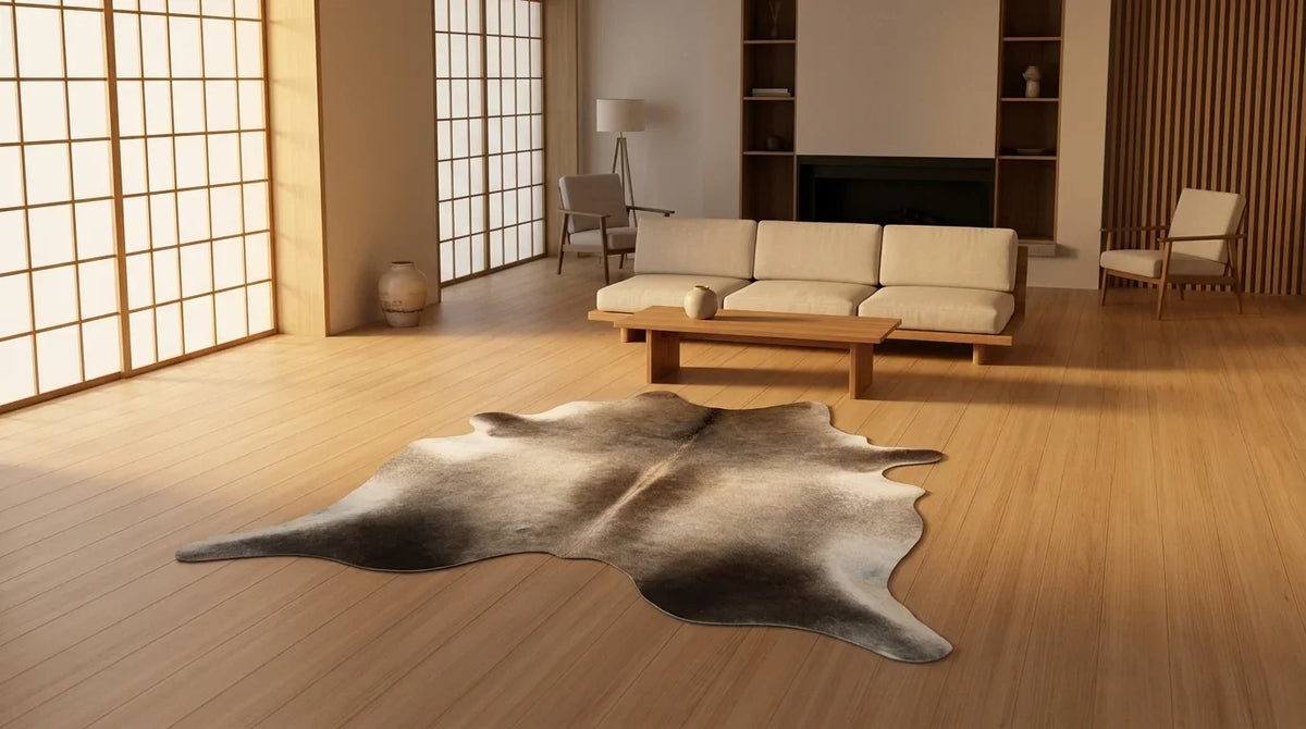 Grey cowhide rug on hardwood floor in tokyo minimal living room
