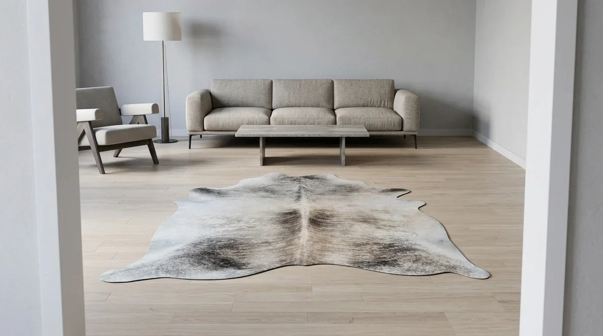 Grey cowhide rug on hardwood floor in contemporary european living room