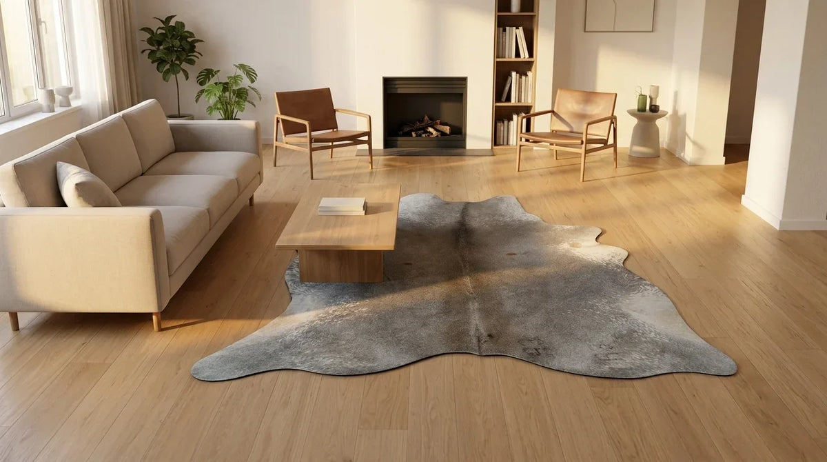 Grey cowhide rug on hardwood floor in contemporary european living room