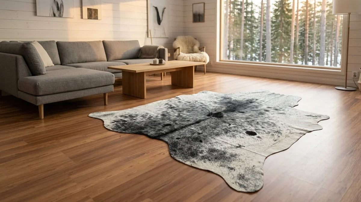Grey cowhide rug on hardwood floor in scandinavian cabin living room