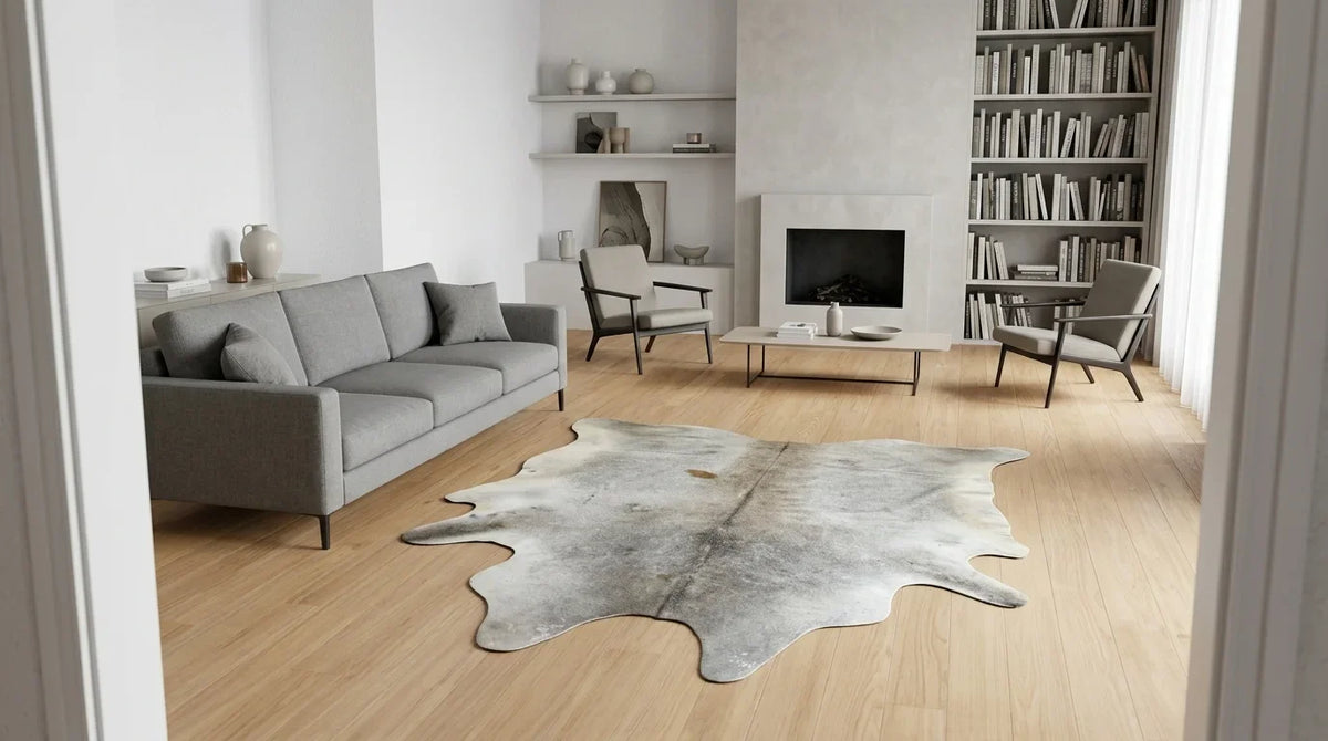 Grey cowhide rug on hardwood floor in contemporary european living room