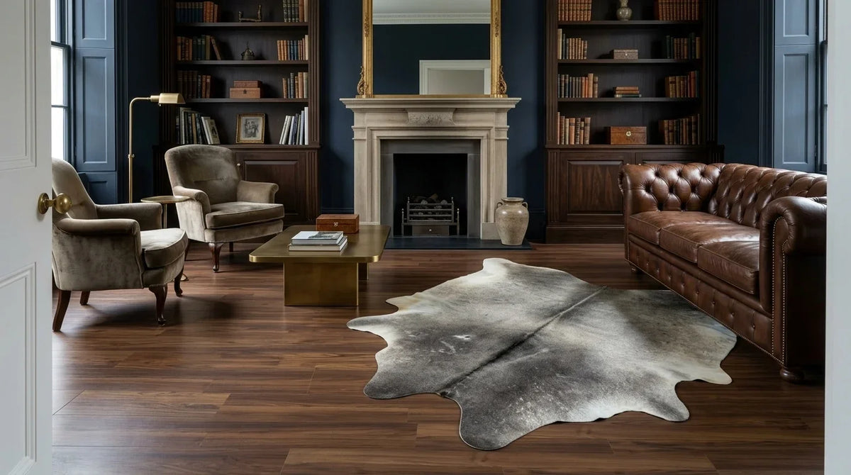 Grey cowhide rug on hardwood floor in london townhouse living room
