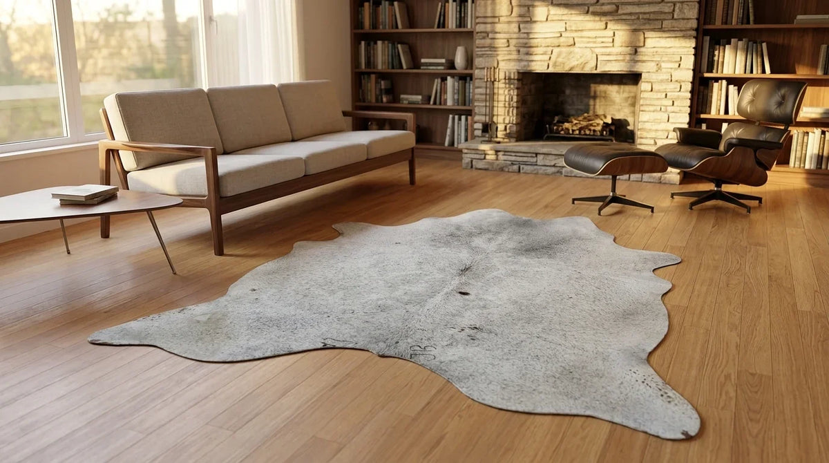 Grey cowhide rug on hardwood floor in midcentury modern living room