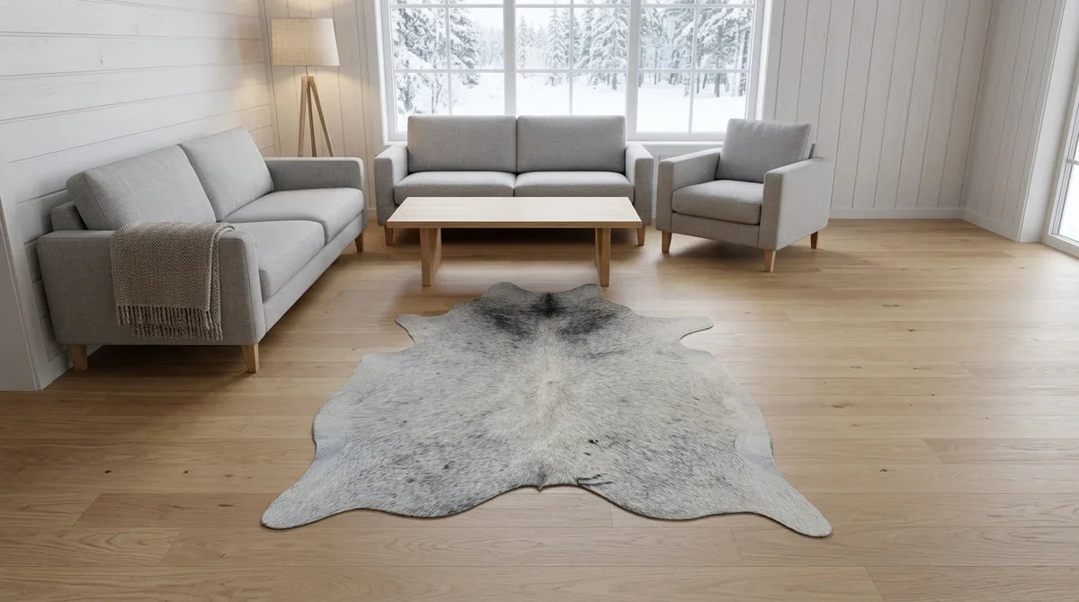 Grey cowhide rug on hardwood floor in scandinavian cabin living room