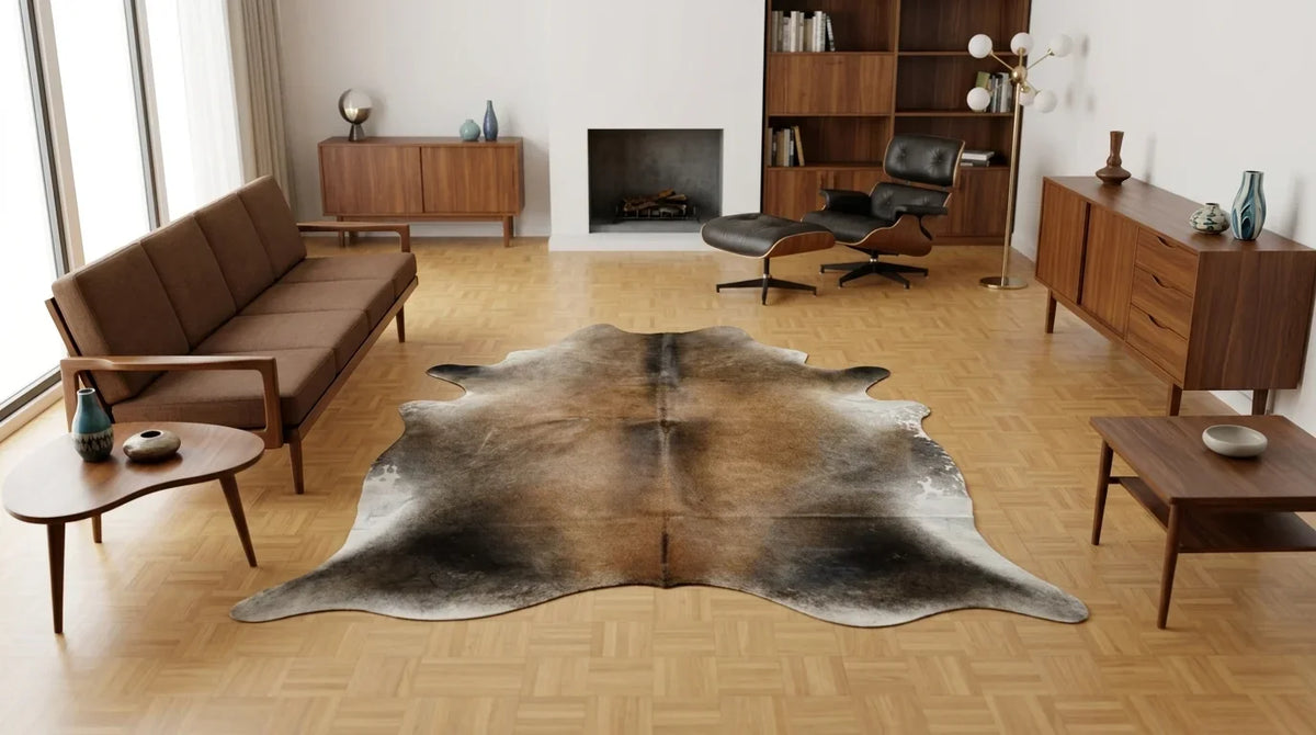 Grey cowhide rug on hardwood floor in midcentury modern living room