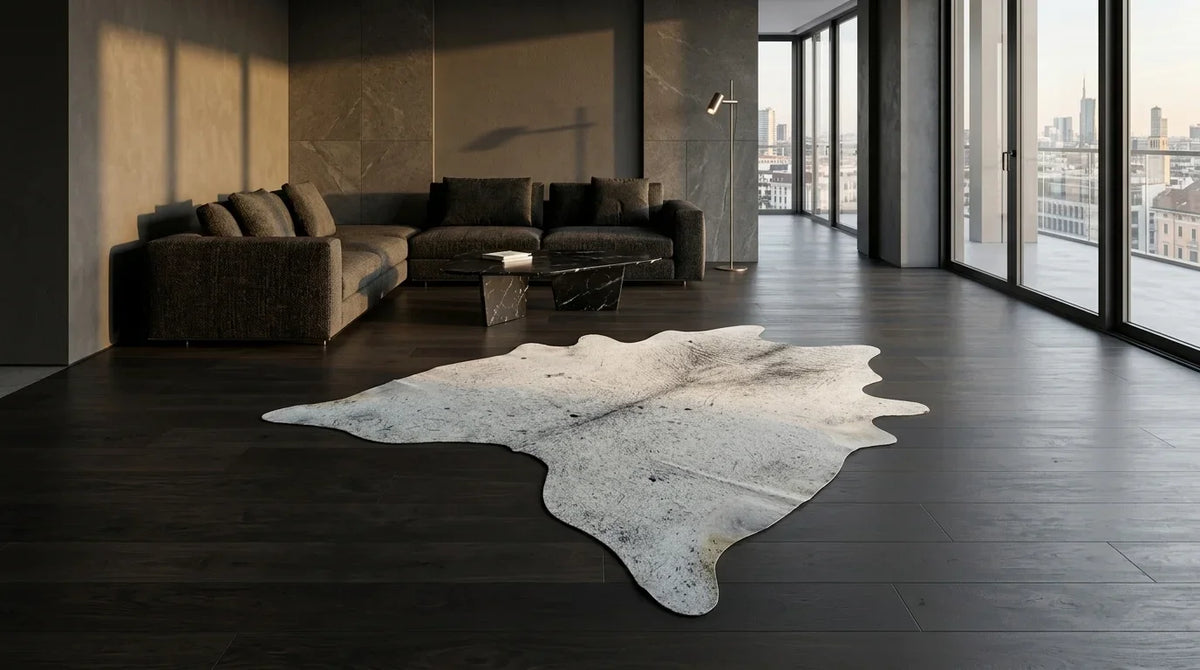 Grey cowhide rug on hardwood floor in milano penthouse living room