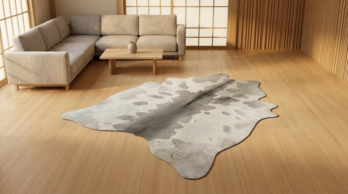Grey cowhide rug on hardwood floor in tokyo minimal living room