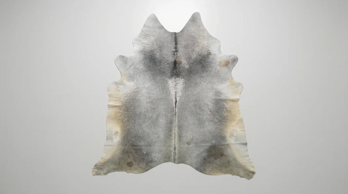 Grey cowhide rug flat lay on white background showing full hide shape