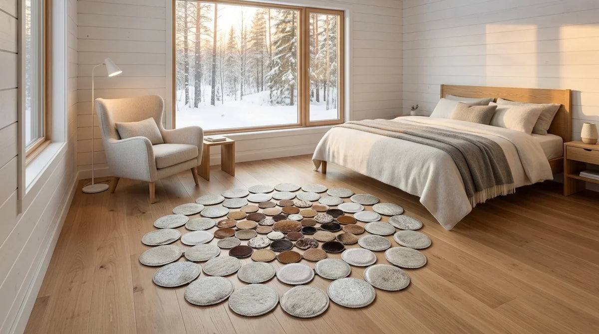 Mixed Tones round cowhide rug beside bed in scandinavian cabin bedroom