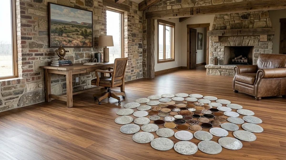 Mixed Tones round cowhide rug under desk in texas ranch home office