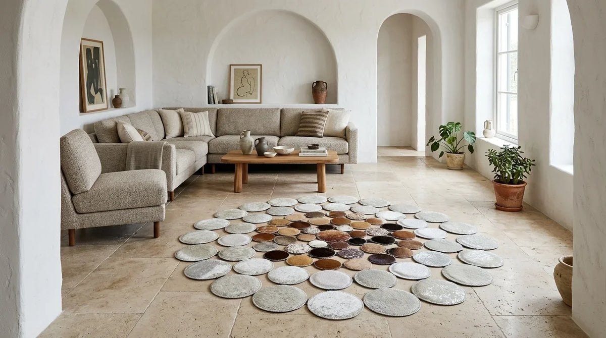 Mixed Tones round cowhide rug on hardwood floor in organic mediterranean living room