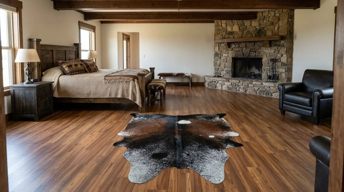 Tricolor cowhide rug beside bed in texas ranch bedroom