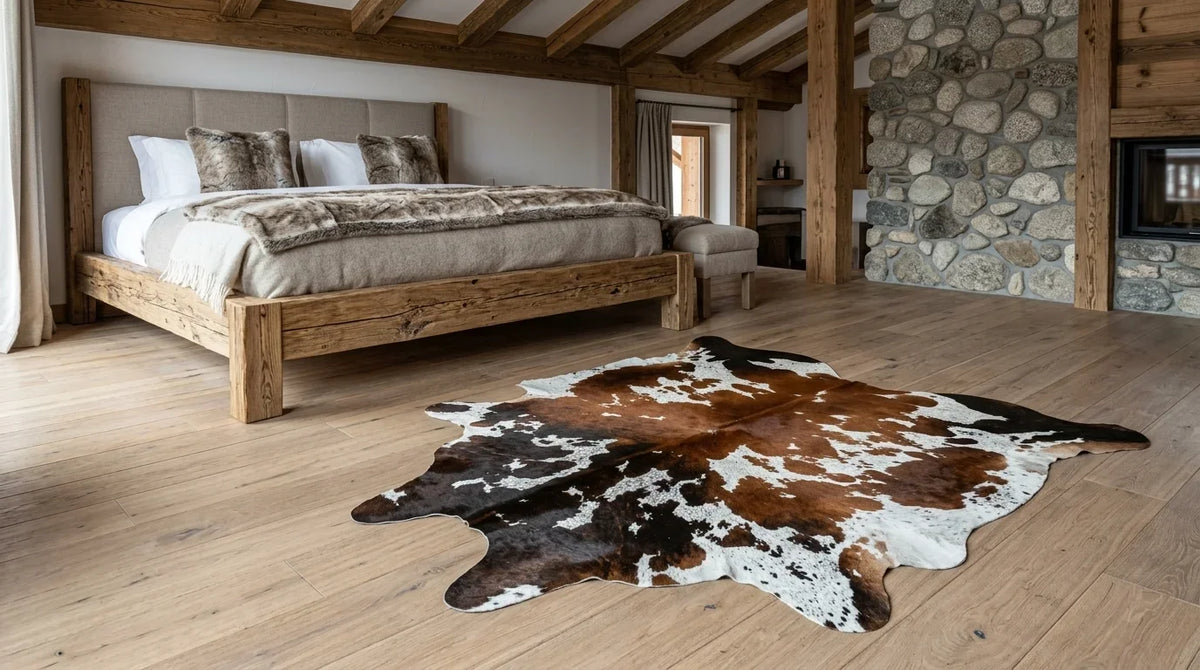 Tricolor cowhide rug beside bed in modern chalet bedroom