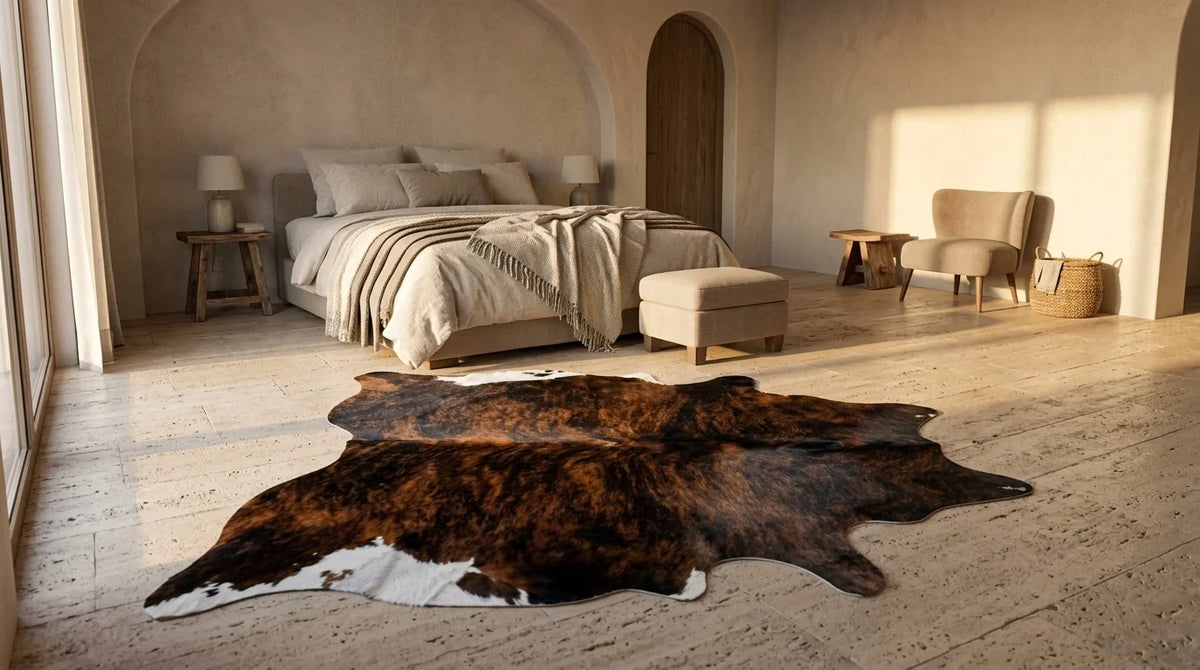 Tricolor cowhide rug beside bed in organic mediterranean bedroom
