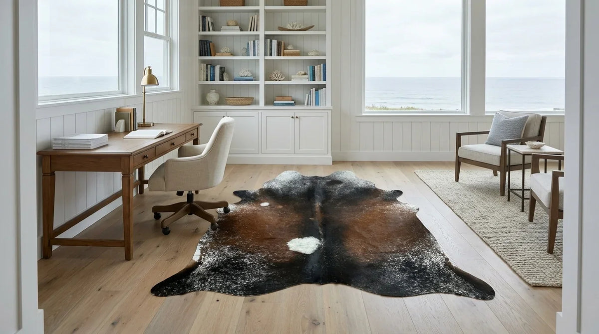 Tricolor cowhide rug under desk in hamptons coastal home office