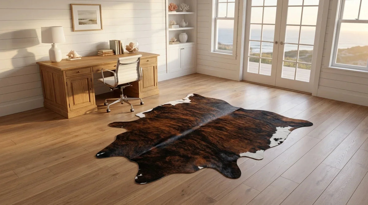 Tricolor cowhide rug under desk in hamptons coastal home office
