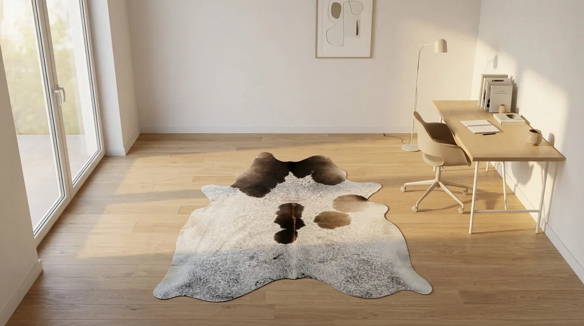 Tricolor cowhide rug under desk in contemporary european home office