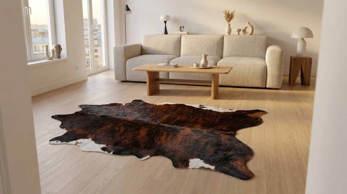 Tricolor cowhide rug on hardwood floor in contemporary european living room