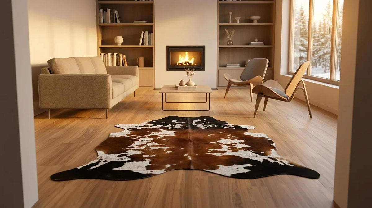 Tricolor cowhide rug on hardwood floor in scandinavian cabin living room
