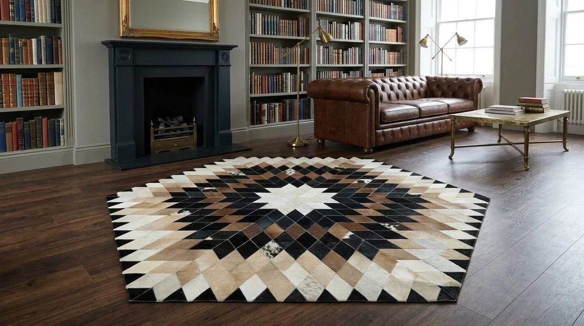 Teppich in Tricolor mit Patchwork im Wohnzimmer im Londoner Stadthaus-Stil