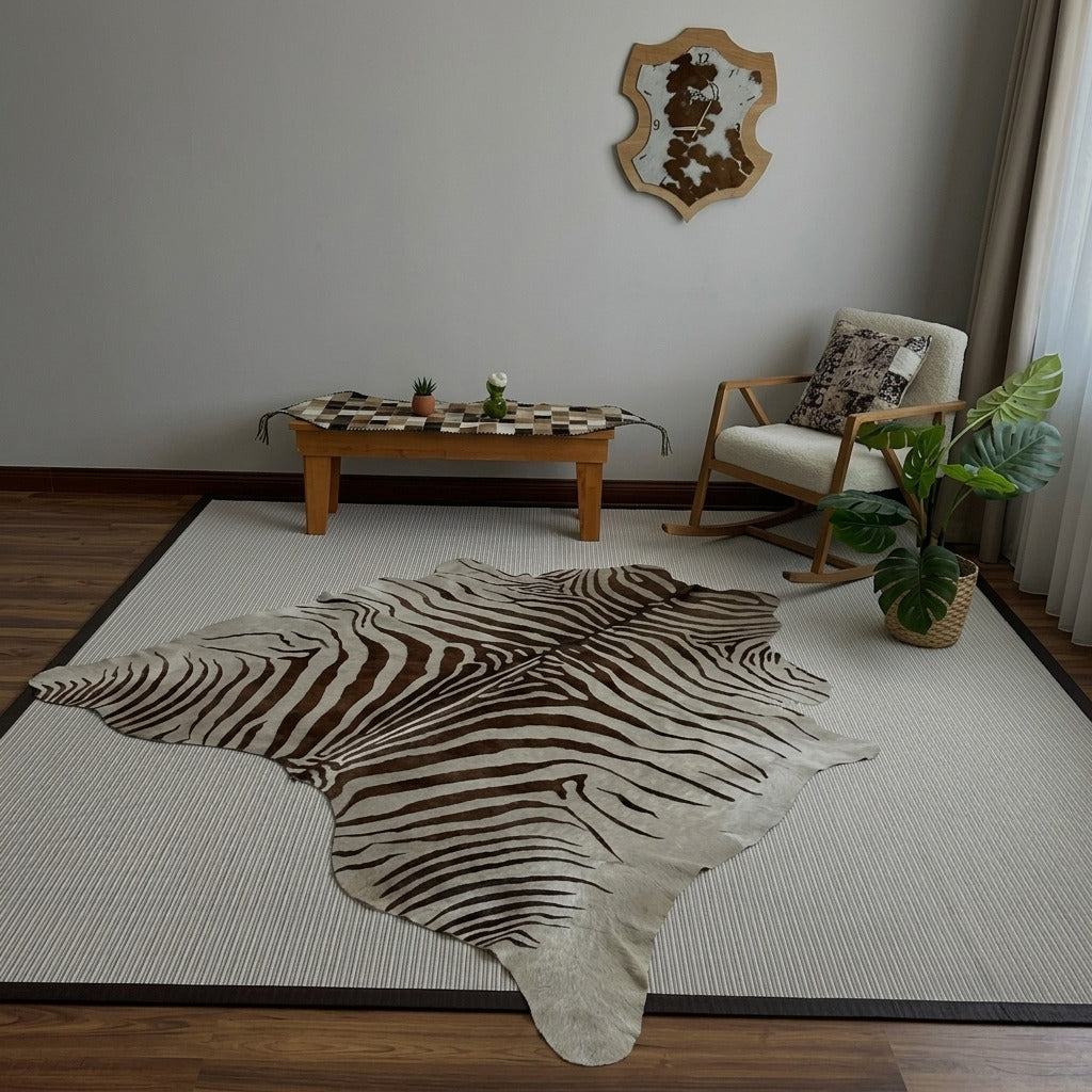 Black and white cowhide rug in a modern living room