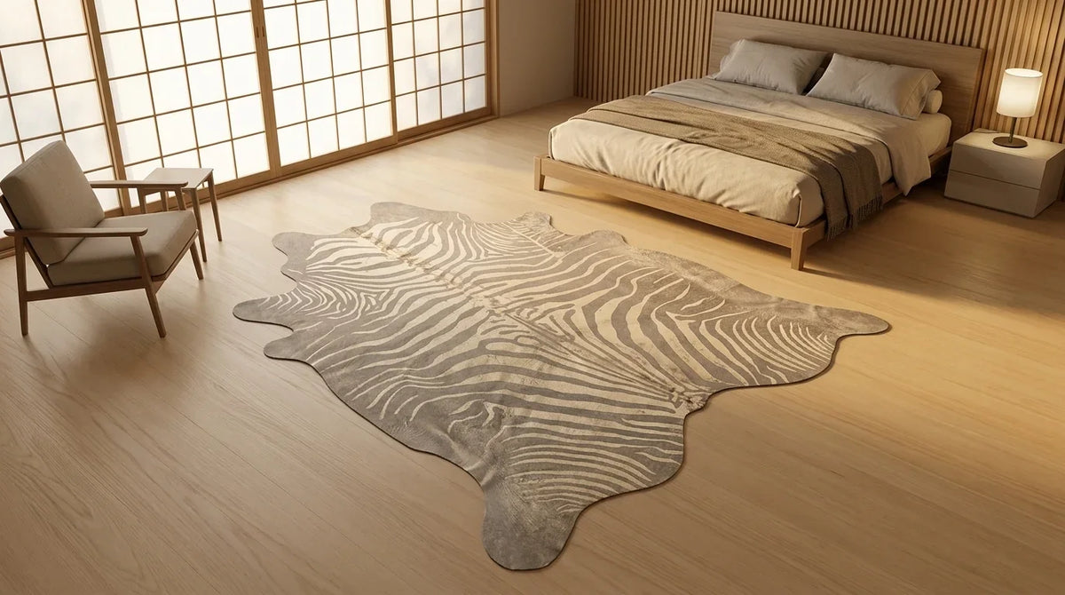 Beige and Grey cowhide rug beside bed in tokyo minimal bedroom