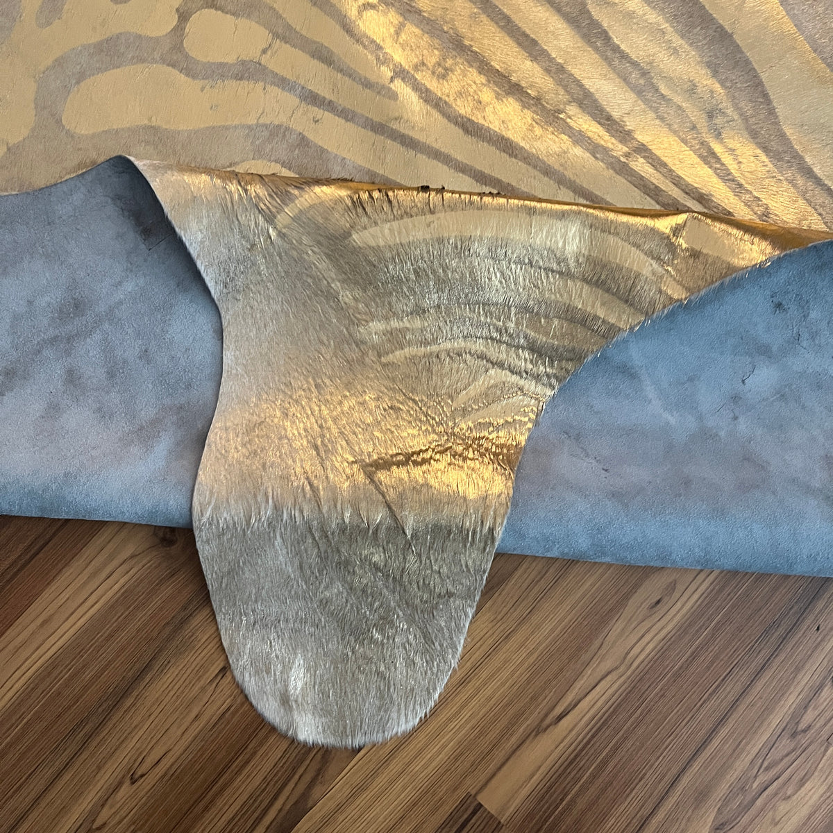 Close-up texture of Beige and Grey zebra print cowhide rug — Bold zebra stripes radiating from spine in grey and cream tones