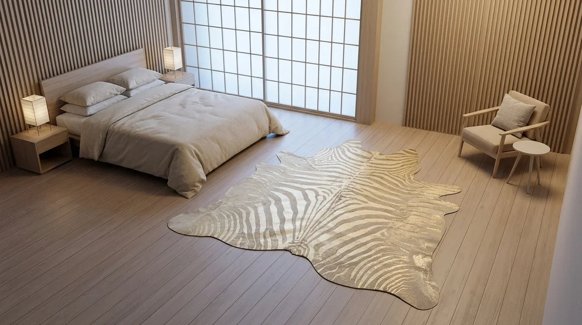Beige and White cowhide rug beside bed in tokyo minimal bedroom